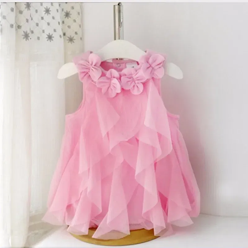 Color: Pink, Kid Size: 6M - Summer Sleeveless Girls Chiffon Dress Flowers Kids Girl Birthday Party Dresses Baby Clothes Vestidos