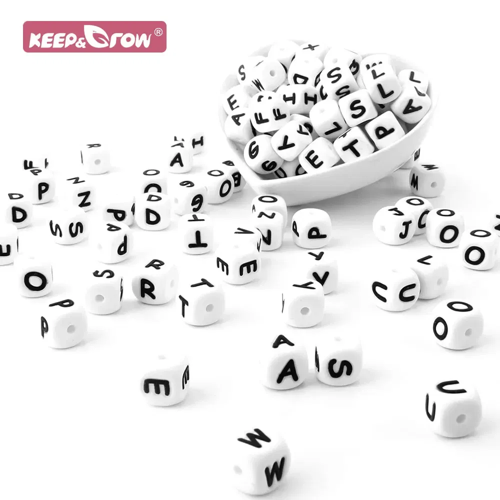 Color: Clear - 100Pcs Baby Teether 12mm Silicone Letters Beads Pacifier Clip Chain Personalized Name Letter Beads Teething Nursing Toy BPA Free