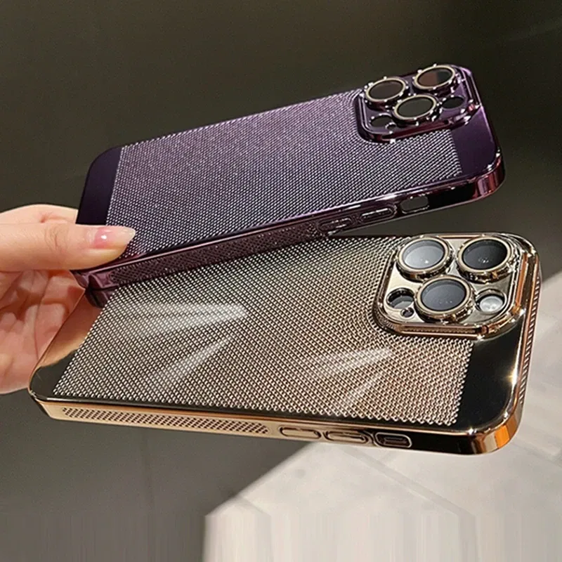 Color: Silver, Material: Polyester - Luxury Plating Hollowed Out Case for iPhone 12 13 Mini 11 14 Pro Max X XR Xs Max 7 8 Plus Heat Dissipation Shockproof Lens Cover