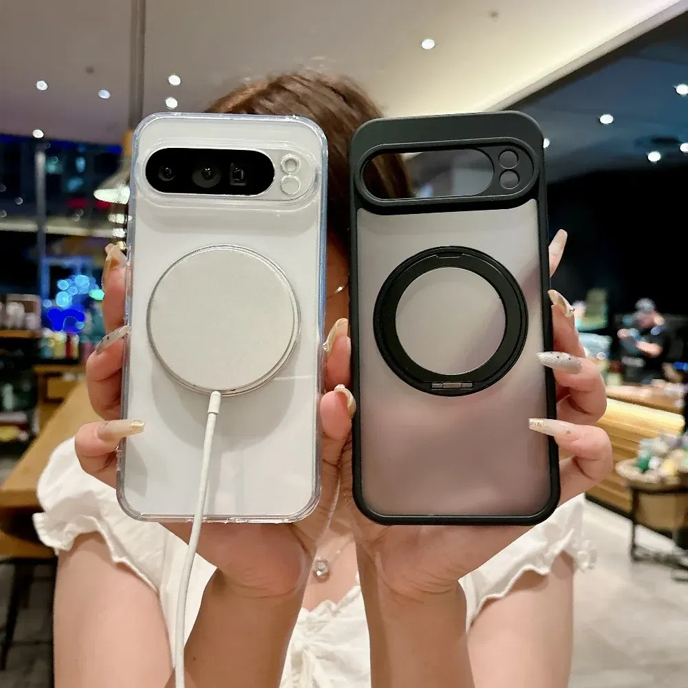 Color: black, Compatibility by Model: Google Pixel 9 - for Magsafe Matte Rotating Bracket Case for Google Pixel 10 9 Pro XL 8 7 6 9A 8A 7A 6A Holder Stand Transparent Shockproof Cover
