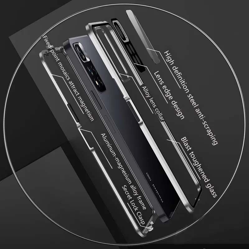 Color: Silver, Bundle: Case & Screen Protector, Material: ABS - Full Protection Case Metal Magnetic Double Sided Glass Snap Lock Case For XiaoMi Redmi Note 13 Pro Plus 5G Bumper Phone Cover