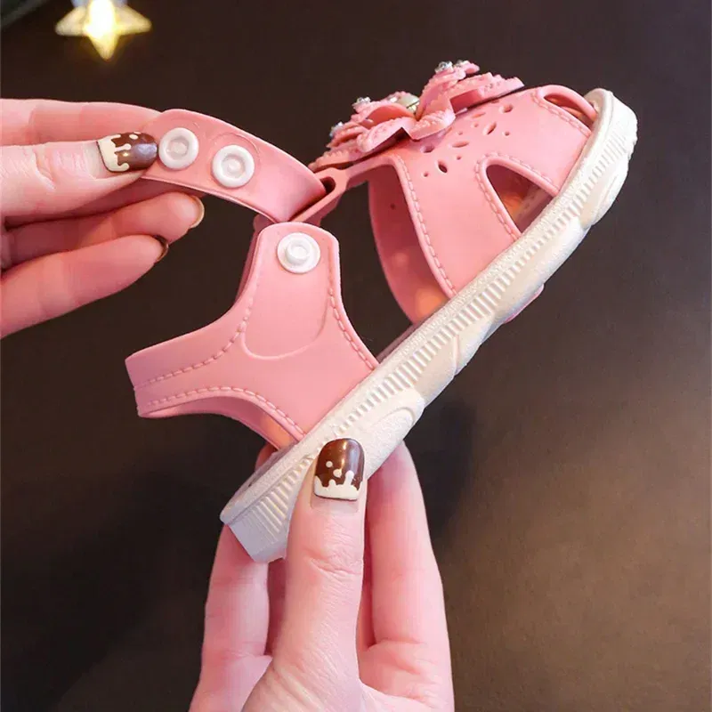 Color: Blue, Shoe Size: 4.5 - Solid Bow Children's Summer Shoes Cute PVC Beach Non Slip Sandals For Baby Girls Footwear Soft Infant Kids Fashion Sandals