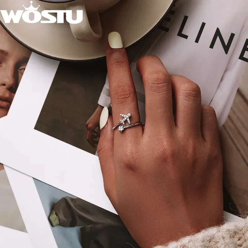 Gem Color: champagne, Ships From: CHINA - WOSTU Real 925 Sterling Silver Open Ring Finger Adjustable Size Wedding Rings For Women Engagement Fashion Silver Jewelry Gift