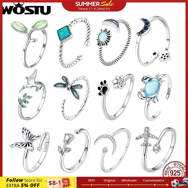 Gem Color: champagne, Ships From: CHINA - WOSTU Real 925 Sterling Silver Open Ring Finger Adjustable Size Wedding Rings For Women Engagement Fashion Silver Jewelry Gift