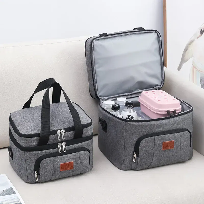 Color: Beige - Double Layer Lunchbox Storage Thermal Bag Large Capacity Tote Shoulder Food Drink Insulation Bags Outdoor Picnic Bento Lunch Bag