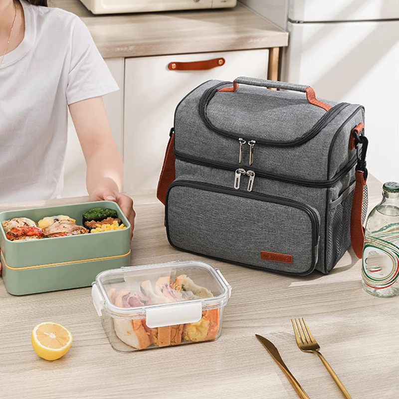 Color: Beige - Double Layer Lunchbox Storage Thermal Bag Large Capacity Tote Shoulder Food Drink Insulation Bags Outdoor Picnic Bento Lunch Bag