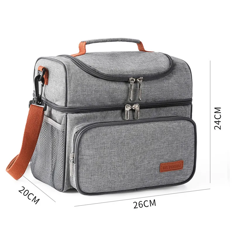 Color: Beige - Double Layer Lunchbox Storage Thermal Bag Large Capacity Tote Shoulder Food Drink Insulation Bags Outdoor Picnic Bento Lunch Bag