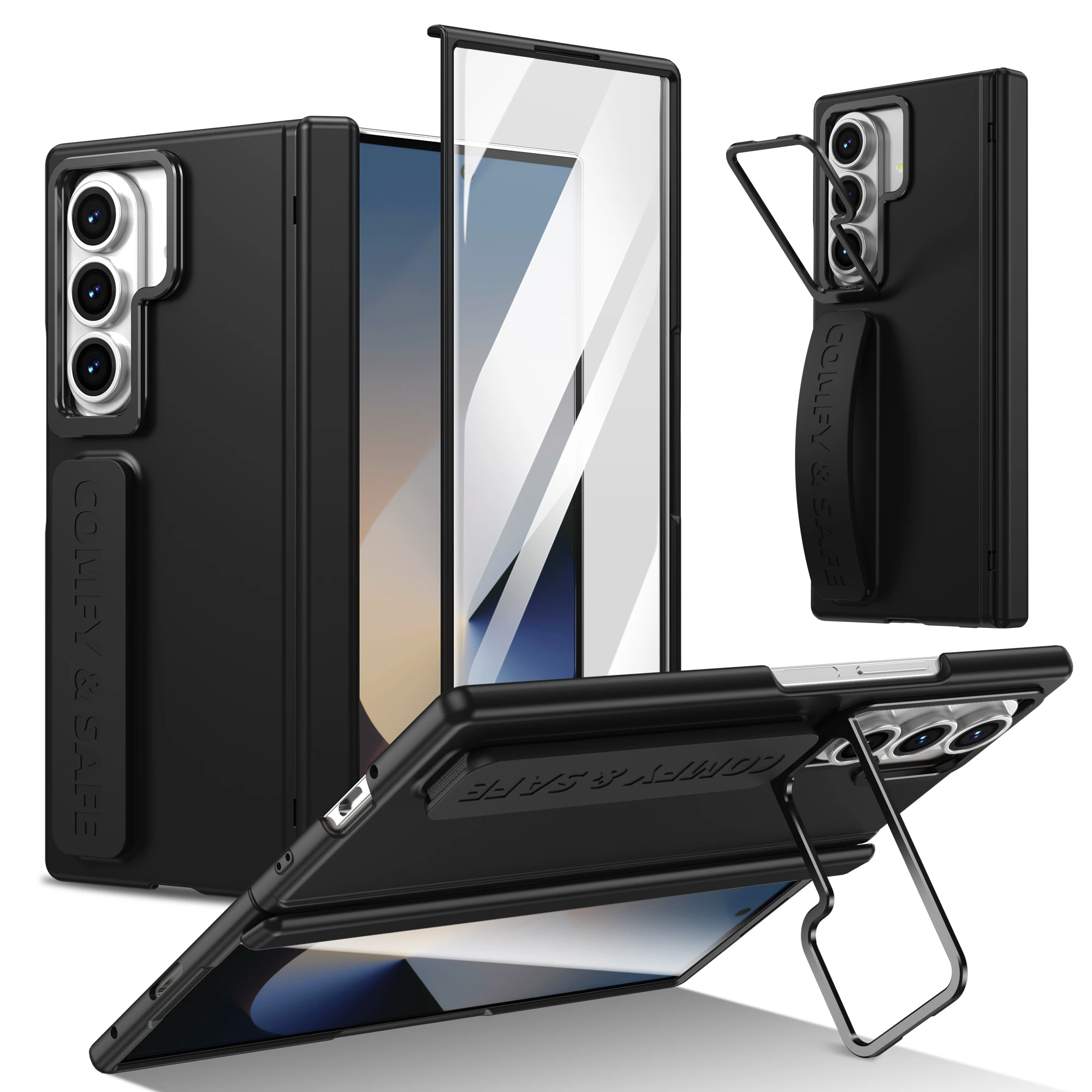 Color: SKY BLUE, Material: aluminum - For Samsung Galaxy Z Fold 7 6 5 4 3 Wristband Hinge Lens Holder Phone Case Outer Screen Glass Film Protection Shockproof Cover