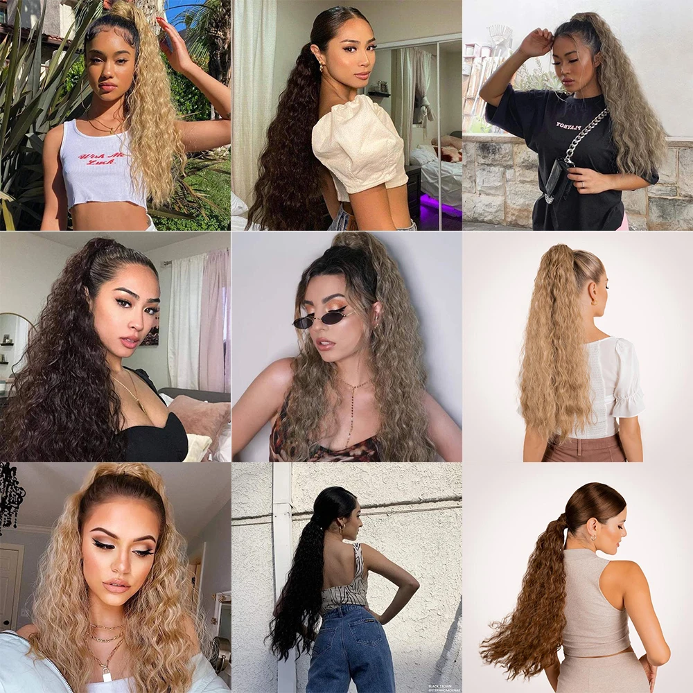 Color: T4/27/30, Stretched Length: 24inches - Synthetic Long Corn Wavy Ponytail Hairpiece Wrap on Hair Clip Ombre Brown Blonde Hair Extensions Pony Tail