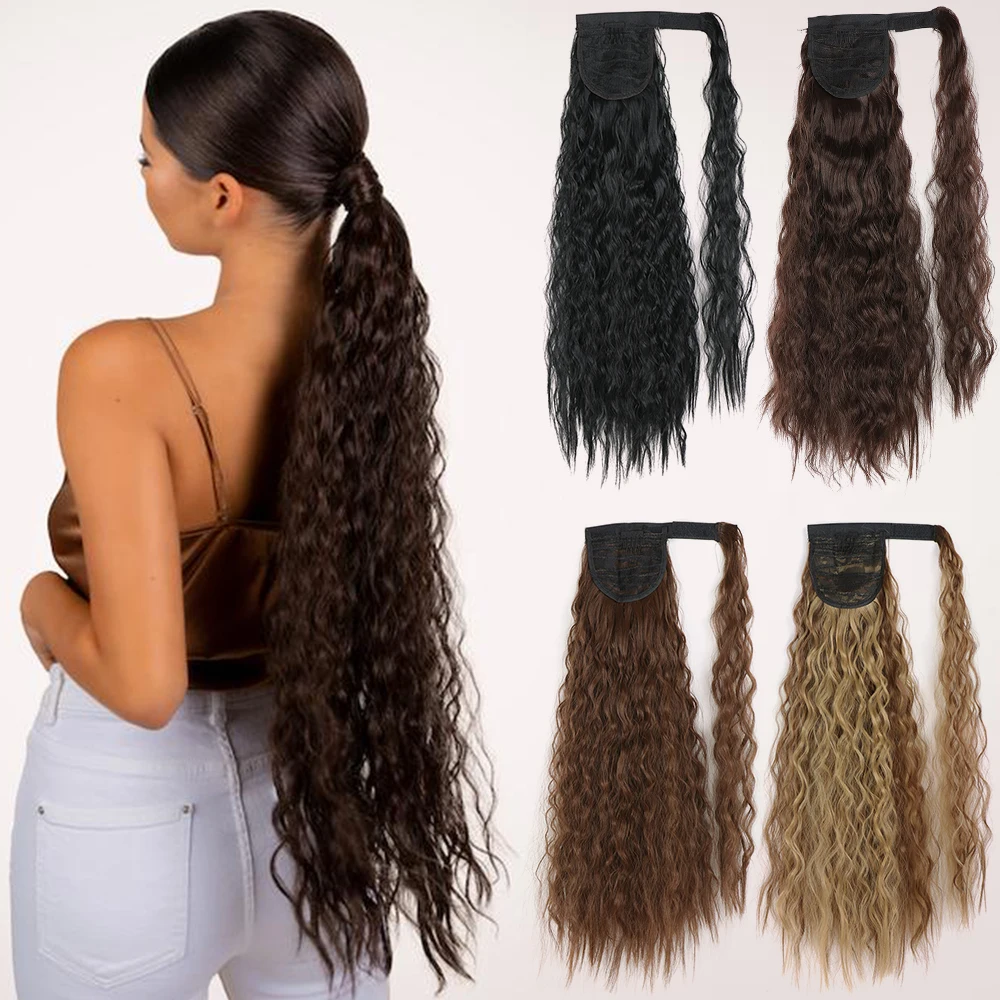Color: T4/27/30, Stretched Length: 24inches - Synthetic Long Corn Wavy Ponytail Hairpiece Wrap on Hair Clip Ombre Brown Blonde Hair Extensions Pony Tail
