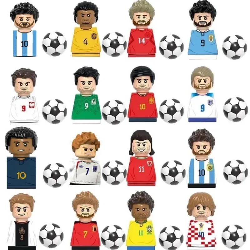 Color: NAVY - 1-16PCS Messi Ronaldo Neymar Lewandowski Soccer World Famous Football Players Figurine Mini Action Building Block Toy Kids Gifts