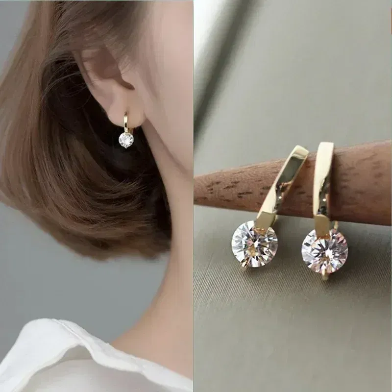 Metal Color: BRONZE - 2024 New Fashion Gold Color Round Zircon Simple Drop Dangle Earrings for Women Charm Korean Hoop Jewelry Wedding Birthday Gift