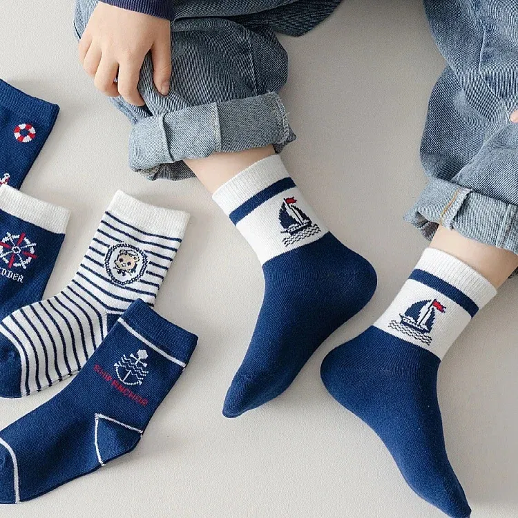 Color: Blue, Size: 4-6T - 1-14T Kids' Socks Spring Autumn Cotton Socks 5 Pairs/lot Soft Cotton Socks Calf Socks Little Big Boys Crew Sock