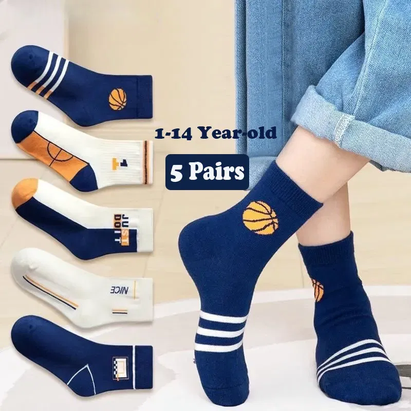 Color: Blue, Size: 4-6T - 1-14T Kids' Socks Spring Autumn Cotton Socks 5 Pairs/lot Soft Cotton Socks Calf Socks Little Big Boys Crew Sock