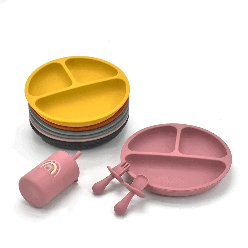 Color: WHITE - 9Colors Baby Plate Set Food Grade Silicone Dishes BPA-Free Tableware Kids Feeding Bowls Kids Learning Dishes Tray Dropshiping