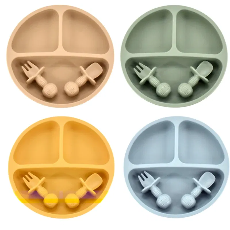 Color: WHITE - 9Colors Baby Plate Set Food Grade Silicone Dishes BPA-Free Tableware Kids Feeding Bowls Kids Learning Dishes Tray Dropshiping