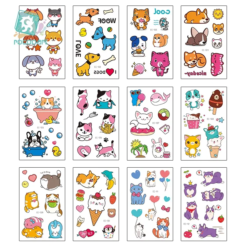 Color: Dark Khaki - Cartoon Animal Waterproof Temporary Tattoo Cute Pet Cats and Dogs Tattoo Stickers Children Boy Girl Fake Body Art Flash Tatoo