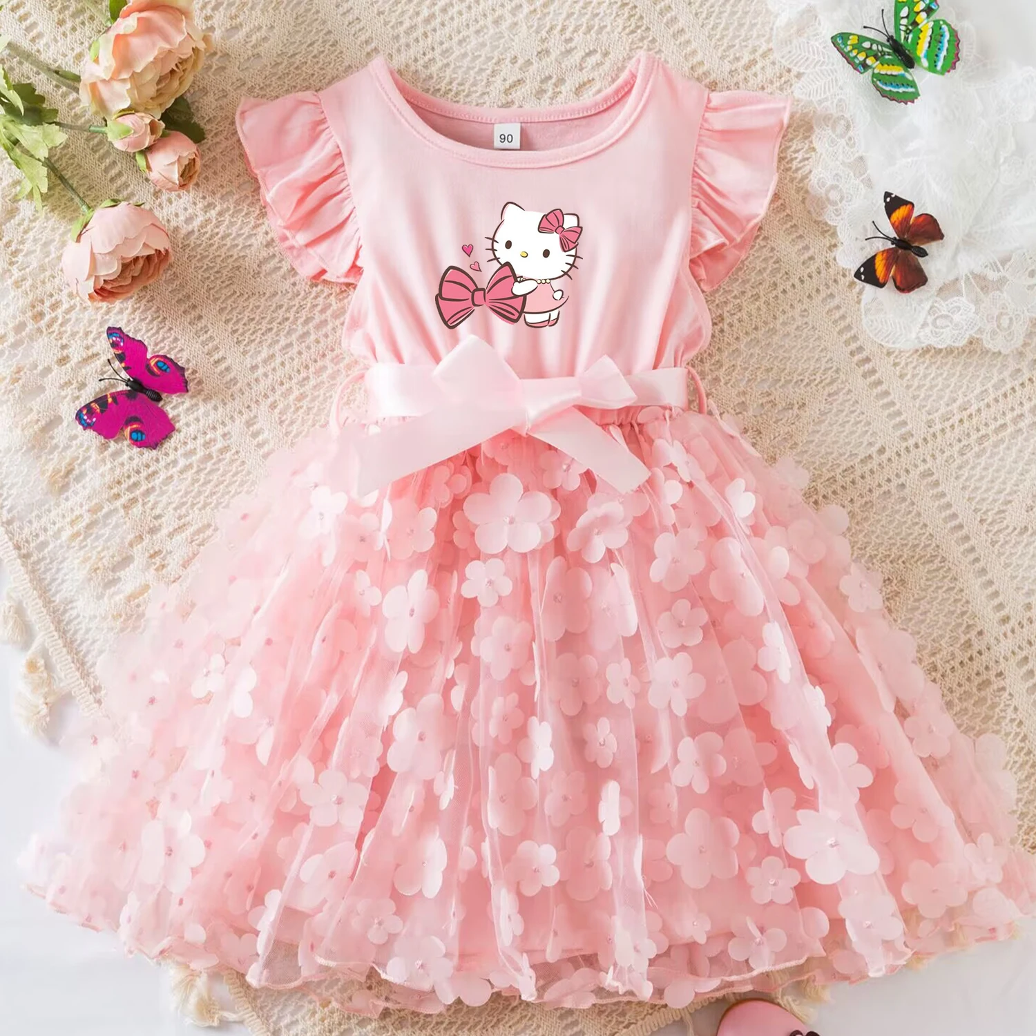 Color: Gold, Size: M - Hello Kitty Summer Dress for Kid's Casual Clothes 3D Butterfly Cute Baby Girls Princess Dress Party Dresses 2-6 Yrs