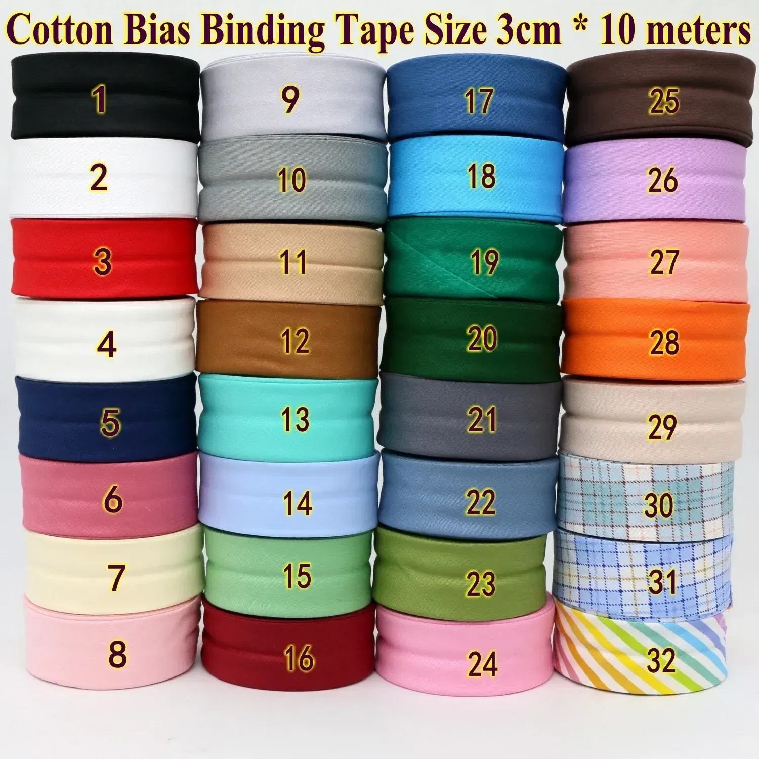 Color: Beige, Size: L - Cotton Bias Binding Tape Size 3cm *10meter  Solid Color DIY Handmade Sewing Material Bias Tape
