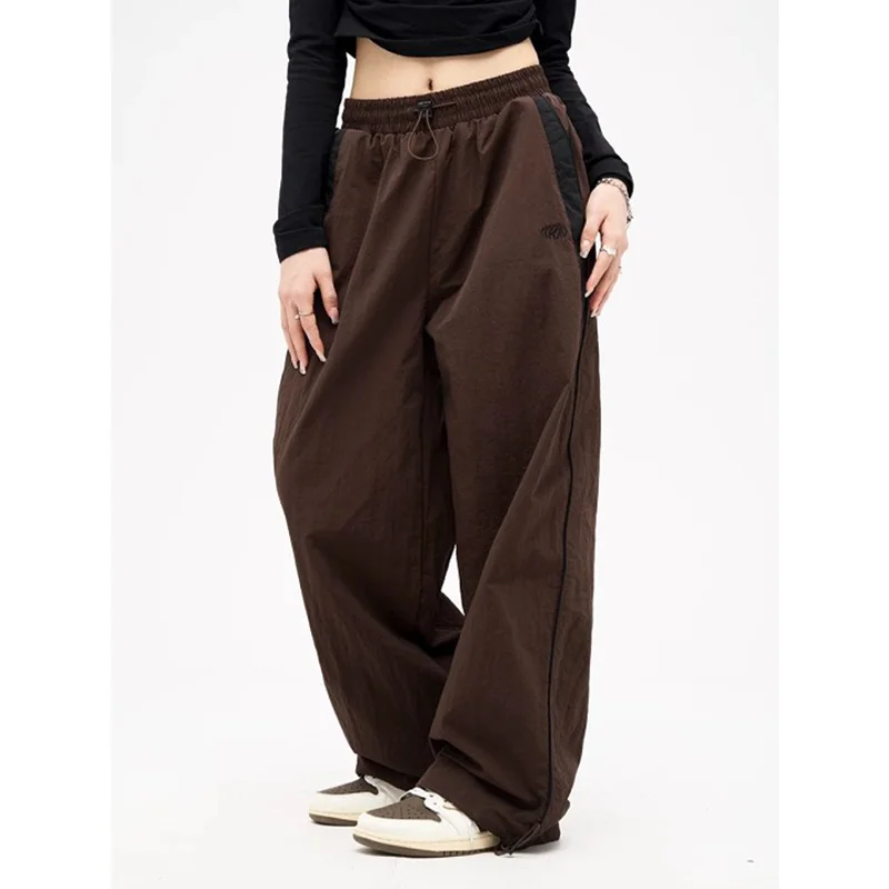 Color: Brown, Size: XL - Women Spring Retro Solid Loose Drawstring Trousers Casual Joggers Baggy Wide Leg Sweatpants Mid Waist Sporty Y2k Female Clothes