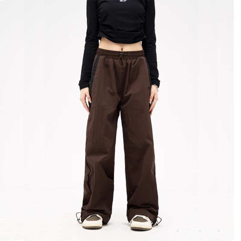Color: Brown, Size: XL - Women Spring Retro Solid Loose Drawstring Trousers Casual Joggers Baggy Wide Leg Sweatpants Mid Waist Sporty Y2k Female Clothes