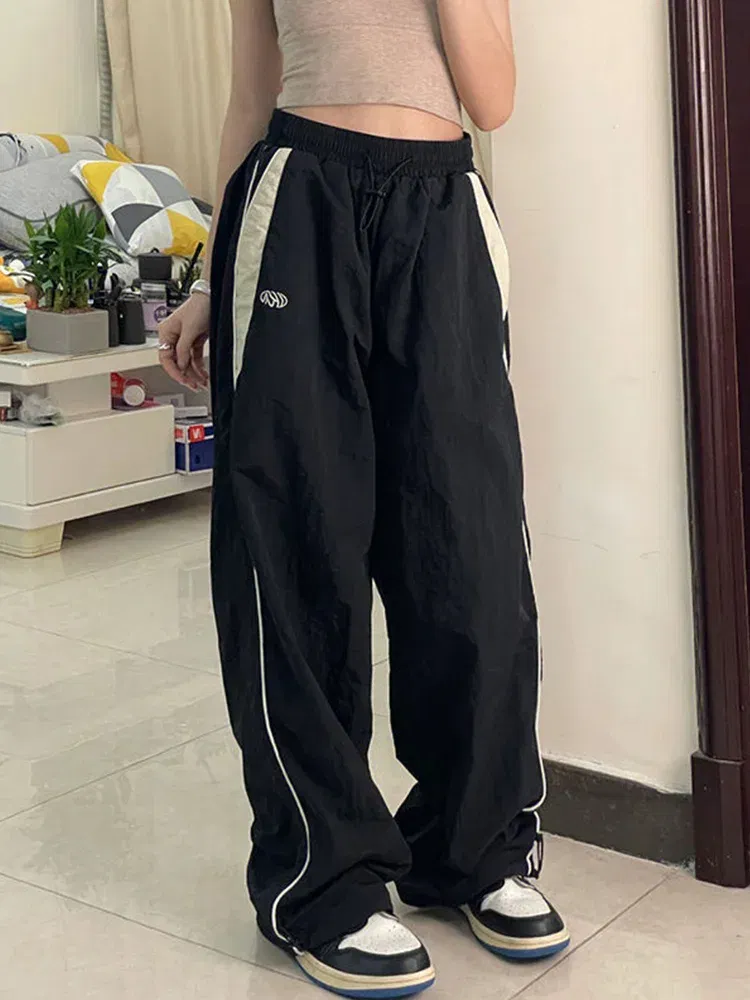 Color: Brown, Size: XL - Women Spring Retro Solid Loose Drawstring Trousers Casual Joggers Baggy Wide Leg Sweatpants Mid Waist Sporty Y2k Female Clothes