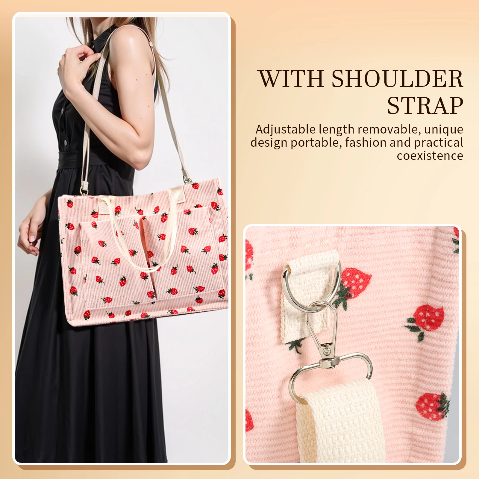 Color: black - Tote Bag Cute Strawberry Patched Purse for Women Fabric Large Capacity Tote Purse Enduring Tote Bag with Adjustable Shoulder