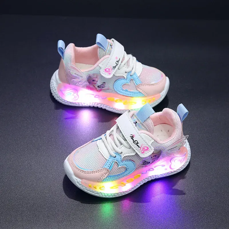 Color: PURPLE, Shoe Size: 13 - Disney Children Led Shoes Kids Girls Sneakers Frozen Elsa Princess Lighting Shoes Pink Purple Casual Sports Shoes Size 21-31