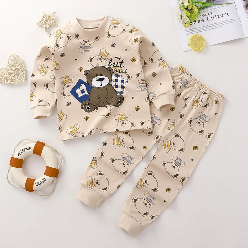 Color: Yellow, Kid Size: 5t - Cotton Boys Girls Sleepwear Suits Autumn Spring Newborn Underclothes 2pcs Kids Clothes Set Toddler Kids Pajamas