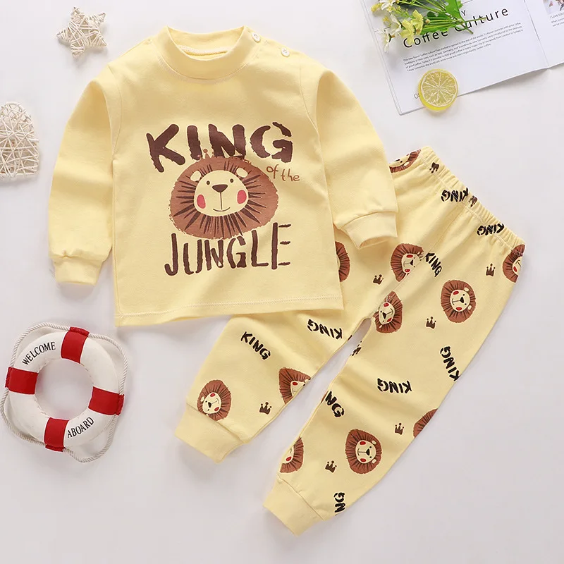 Color: Yellow, Kid Size: 5t - Cotton Boys Girls Sleepwear Suits Autumn Spring Newborn Underclothes 2pcs Kids Clothes Set Toddler Kids Pajamas