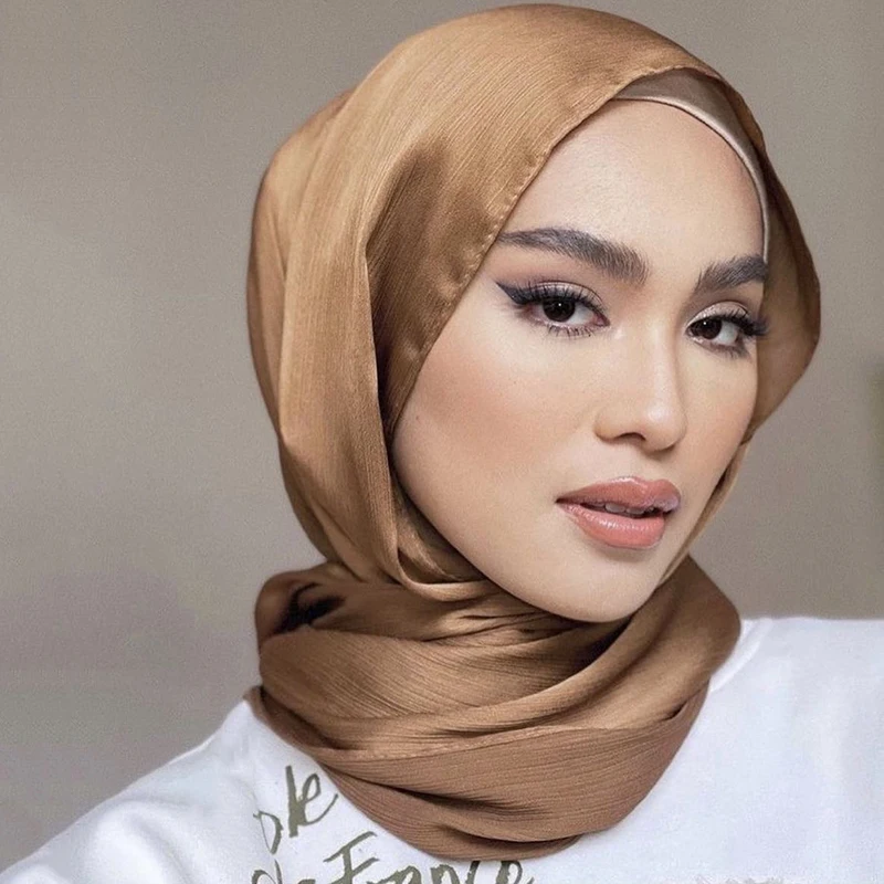 Color: Orange - Hot Premium Satin Crinkle Hijab Scarf Chiffon Shawl Plain Muslim Women Hijabs Breathab Islam Women Turban Pleated Scarf Ramadan