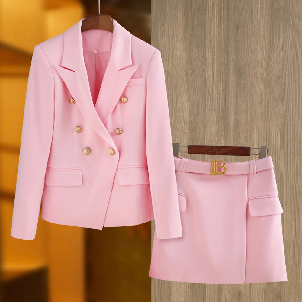 Color: Red, Size: L, Ships From: CN - New Arrival Elegant Style Lady Office Work Suit Double-breasted Long Sleeve Fitted Blazer A-line Pencil Mini Skirt Women 2Pcs