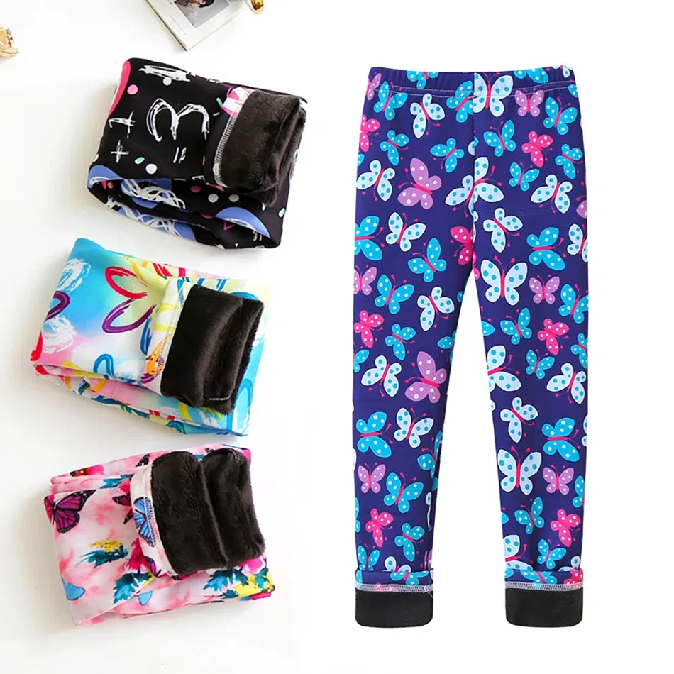 Color: Yellow, Size: 104 - Girls Warm Plush Long Pants for Autumn Spring Cartoon Butterfly Striped Soft Cozy Leggings Fleece-Lined Bottoms Kids Casual Wear