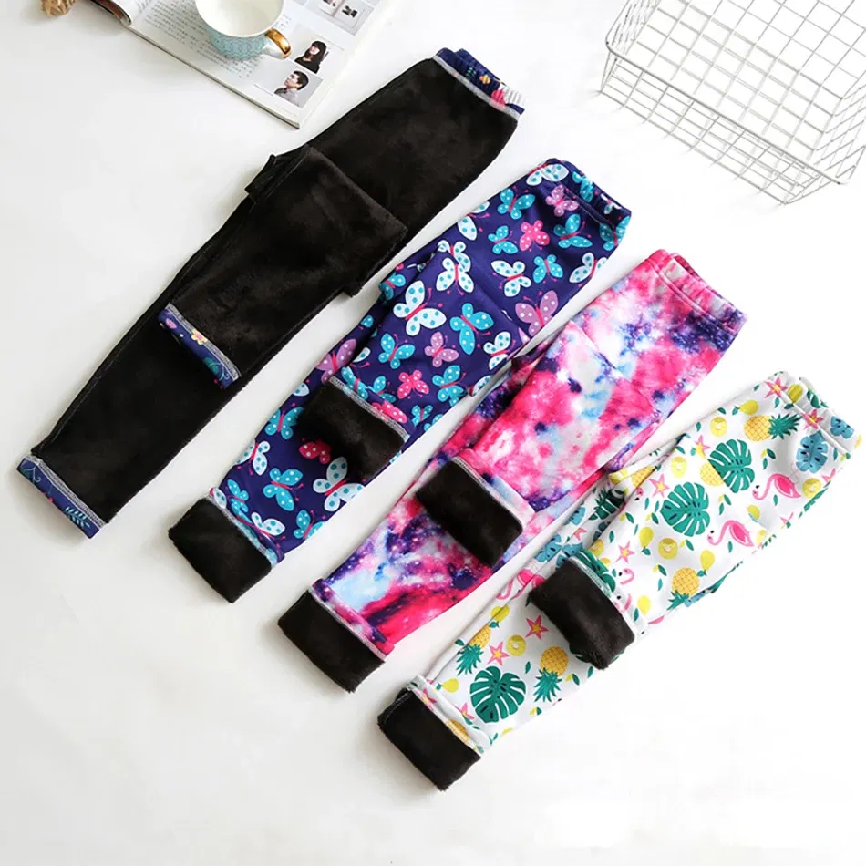 Color: Yellow, Size: 104 - Girls Warm Plush Long Pants for Autumn Spring Cartoon Butterfly Striped Soft Cozy Leggings Fleece-Lined Bottoms Kids Casual Wear