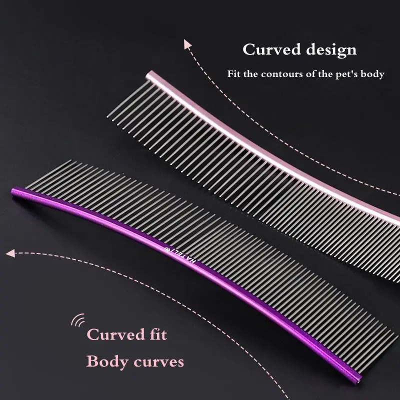 Color: Pink, Size: XS - Pet Curved Comb Stainless Steel Combs Professional Pet Grooming Comb Dense Sparse Teeth Dog Cat Cleaning Brush Open Knot Comb