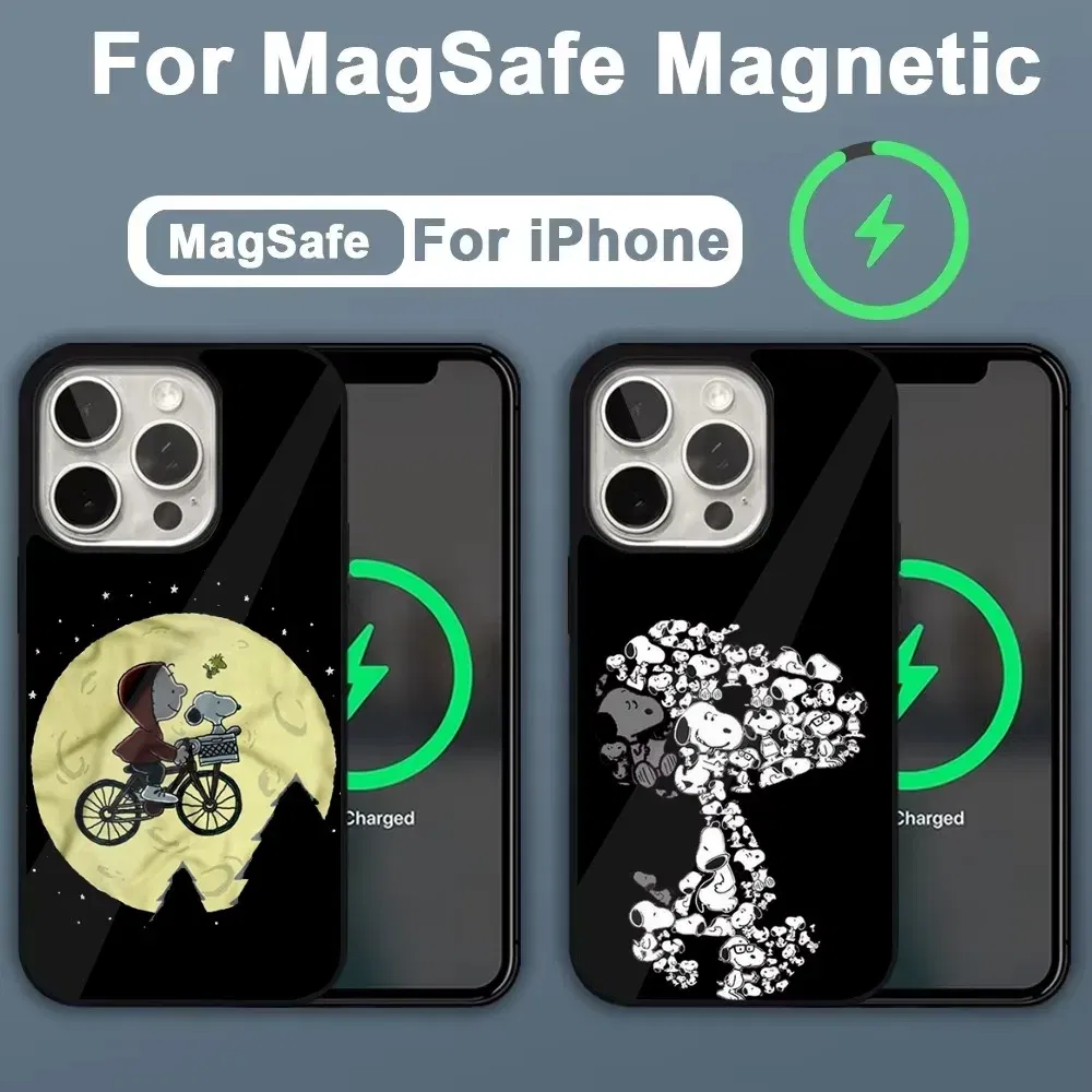 Color: black, Material: PC - Anime Cartoon-S-Snoopy-s Phone Case For iPhone 16,15,14,13,12,11,Plus,Pro,Max,Mini Magsafe Magnetic Wireless Charging