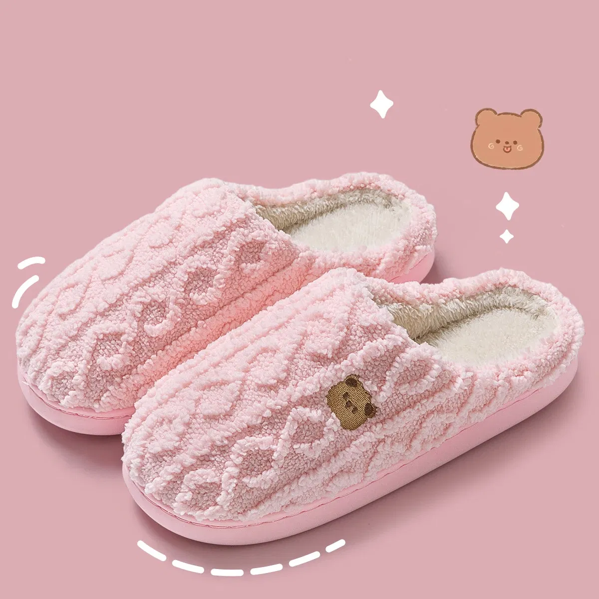 Color: Beige, Shoe Size: 42-43, Ships From: CHINA - Asgard Women Winter Fur Slippers Indoor Fluffy Couple Bedroom Flat Slides Cute Bear Women Fuzzy House Slippers Warm Cotton Shoes
