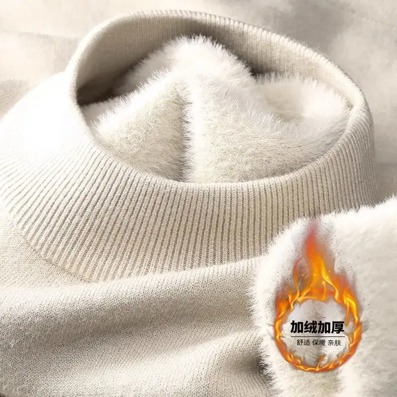 Color: Beige, Size: 4XL - Plush Men's Knitted Sweater Turtleneck with Velvet Padded Warm Solid Pullovers Autumn Winter Thick Bottom Casual O-Neck Sweater