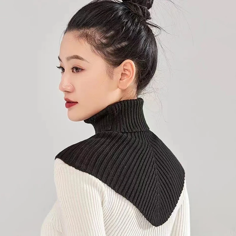 Color: WHITE - Women Winter Knitted Cotton Fake Collar Scarf Women Warm Turtleneck Neck Warmer Detachable Winter Windproof Scarf 36*28cm