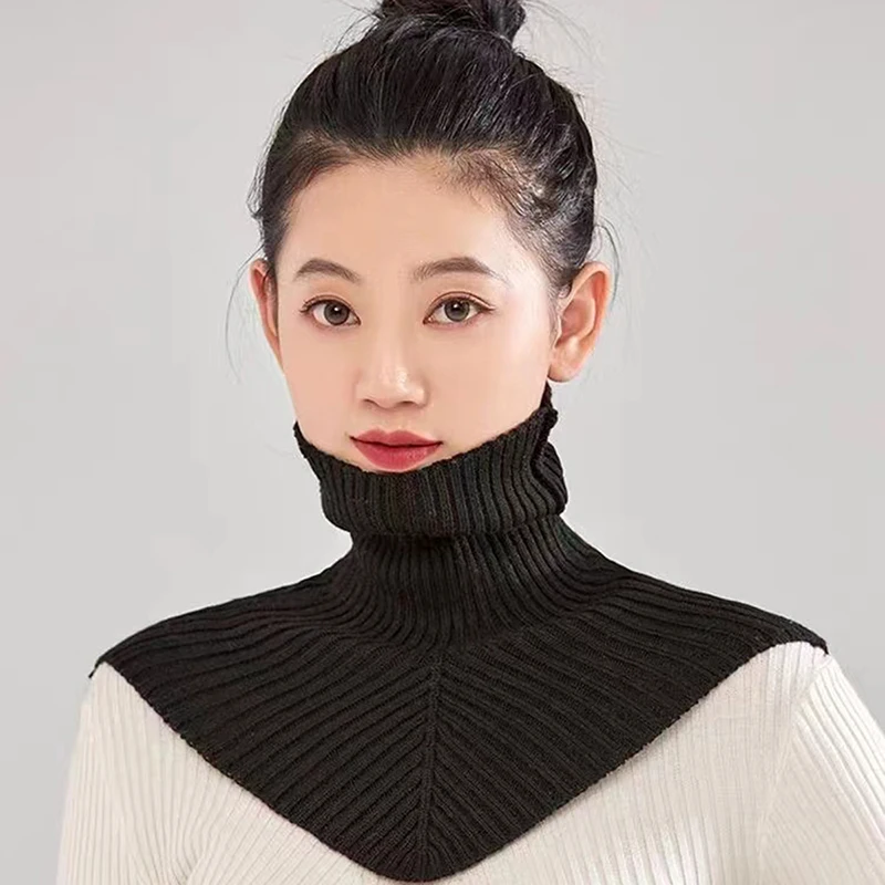Color: WHITE - Women Winter Knitted Cotton Fake Collar Scarf Women Warm Turtleneck Neck Warmer Detachable Winter Windproof Scarf 36*28cm
