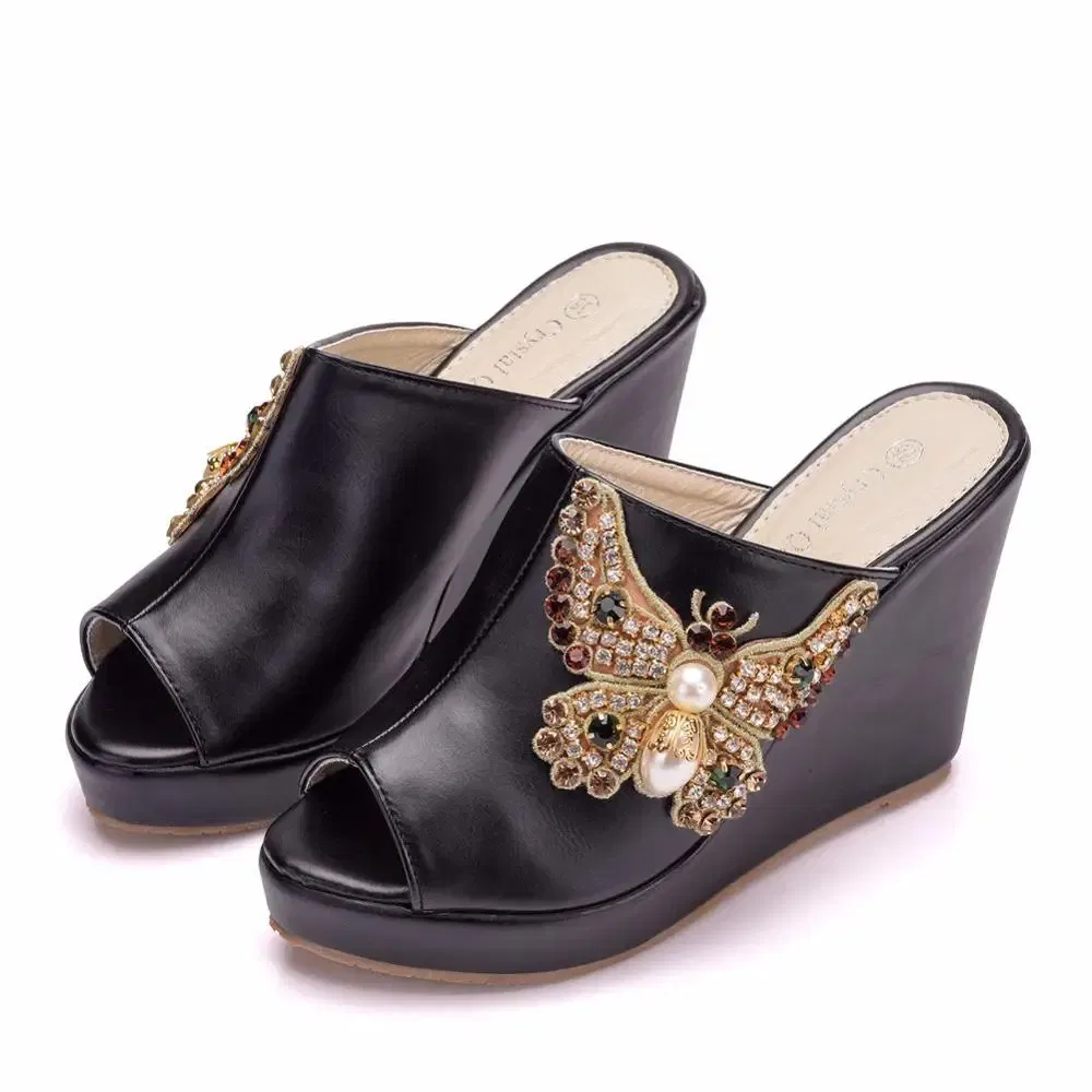 Color: WHITE, Shoe Size: 41 - Crystal Queen 10cm Peep Toe Platform Wedges Slippers High Heels Beach Sandals Women