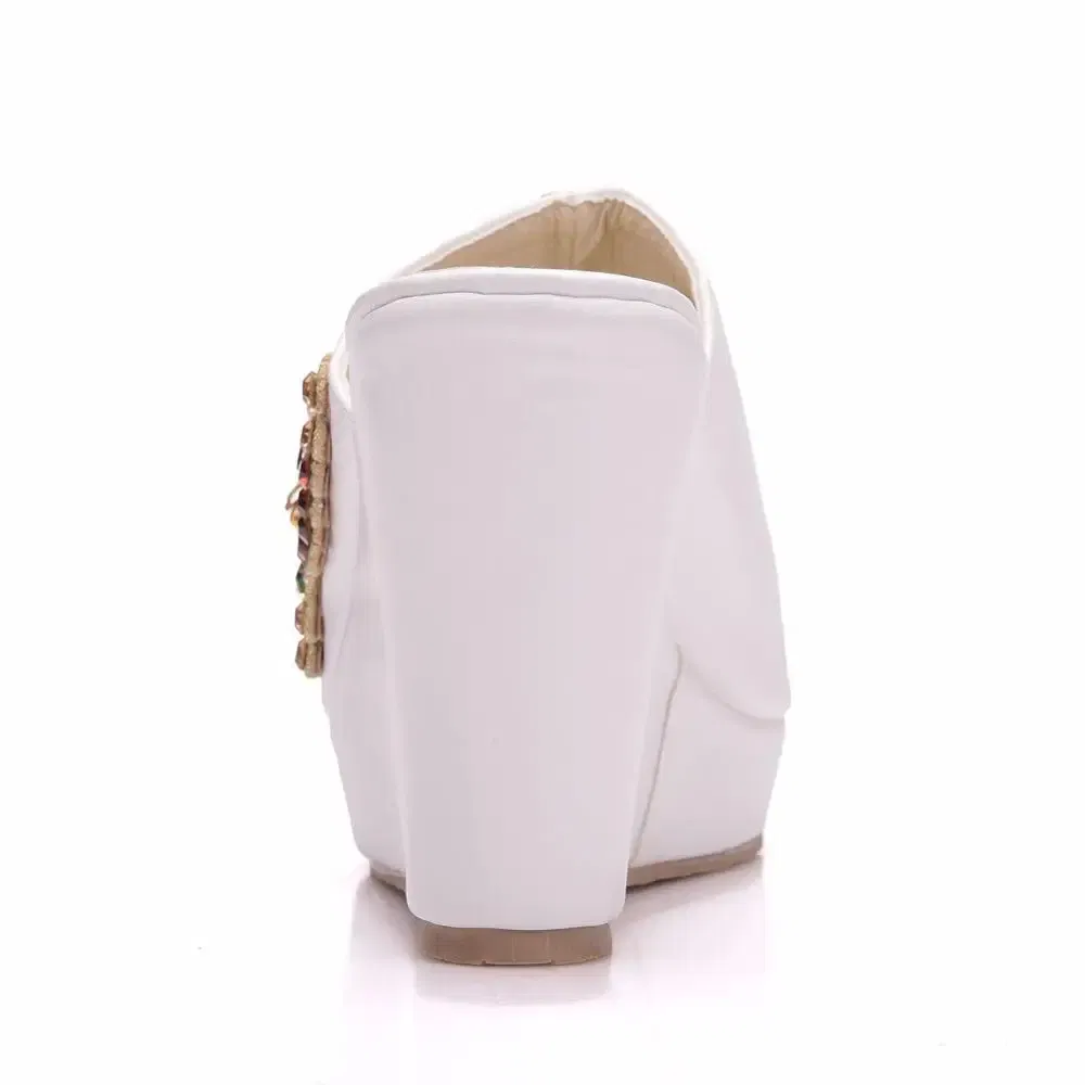 Color: WHITE, Shoe Size: 41 - Crystal Queen 10cm Peep Toe Platform Wedges Slippers High Heels Beach Sandals Women