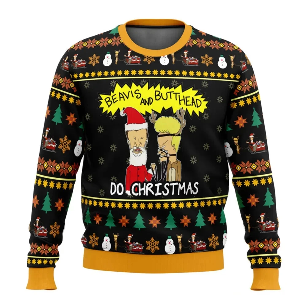 Color: Gold, Size: XXXL - Xmas Rock Beavis and Butthead Ugly Christmas Sweater Cartoon Anime Women Men Pullover Tops New Fashion Couple Hoodie Sweatshirt