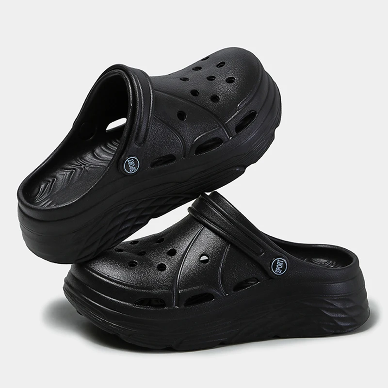 Shoe Size: 36-37, Color: black - 2025 Summer Thick Platform Clogs Slippers Women Breathable Hollow Out Garden Sandals Woman Lightweight Non Slip Beach Sandles