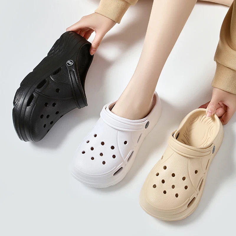 Shoe Size: 36-37, Color: black - 2025 Summer Thick Platform Clogs Slippers Women Breathable Hollow Out Garden Sandals Woman Lightweight Non Slip Beach Sandles