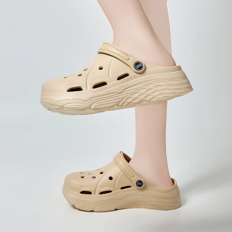Shoe Size: 36-37, Color: black - 2025 Summer Thick Platform Clogs Slippers Women Breathable Hollow Out Garden Sandals Woman Lightweight Non Slip Beach Sandles