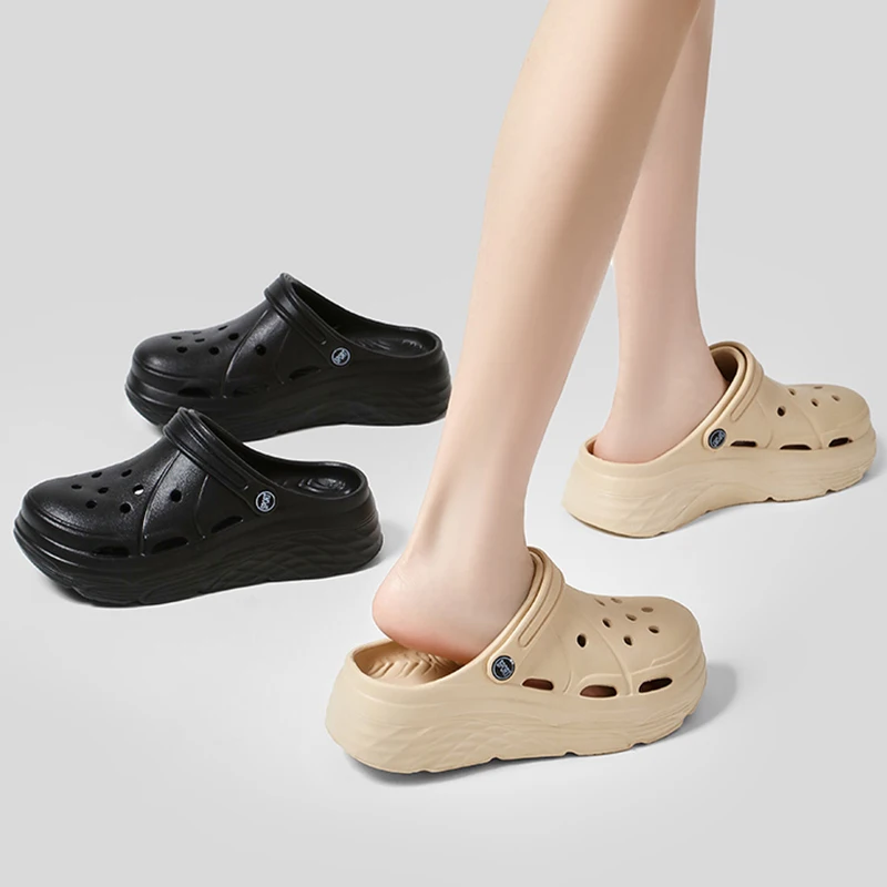 Shoe Size: 36-37, Color: black - 2025 Summer Thick Platform Clogs Slippers Women Breathable Hollow Out Garden Sandals Woman Lightweight Non Slip Beach Sandles