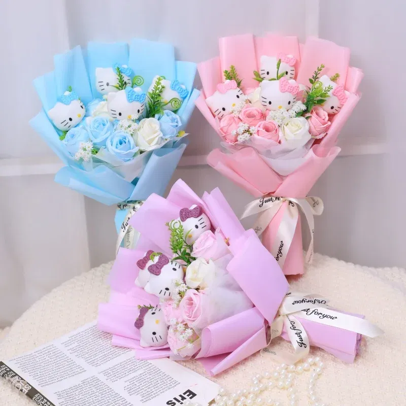 Color: Colorful - Kawaii Hello Kitty Cat Dolls With Artificial Flowers Creative Bouquet Christmas Valentine Birthday Graduation Gifts
