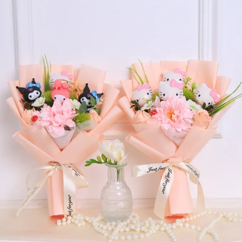 Color: Colorful - Kawaii Hello Kitty Cat Dolls With Artificial Flowers Creative Bouquet Christmas Valentine Birthday Graduation Gifts