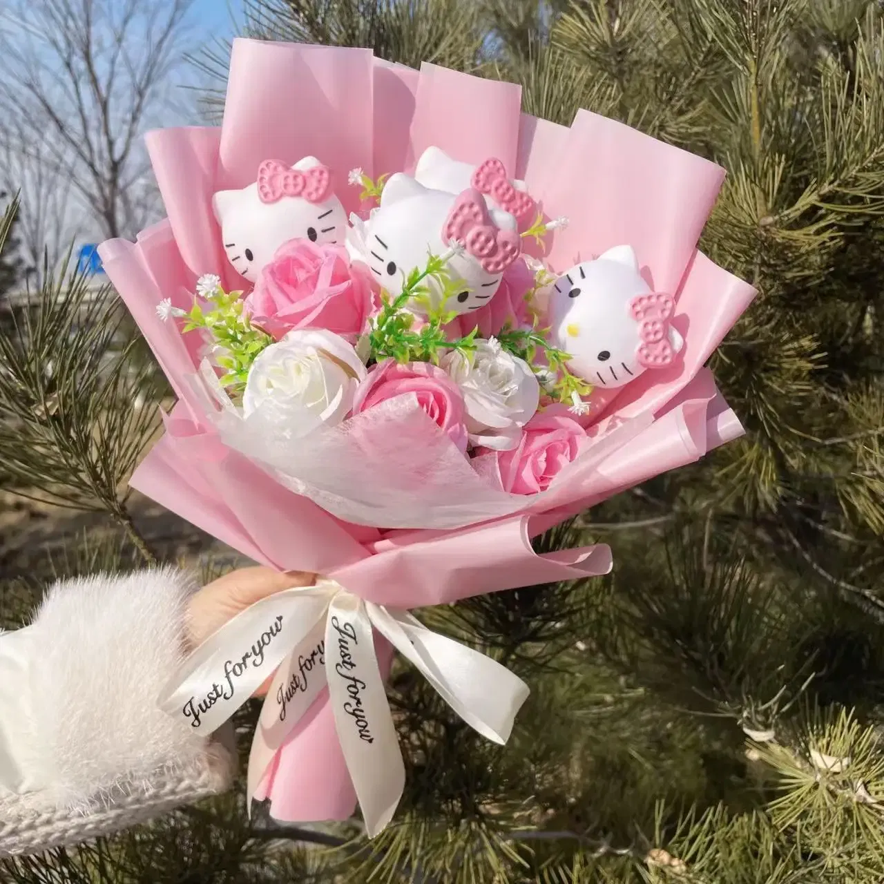 Color: Colorful - Kawaii Hello Kitty Cat Dolls With Artificial Flowers Creative Bouquet Christmas Valentine Birthday Graduation Gifts